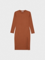 %Pto% Vestido midi canalé con abertura marrón vista frontal