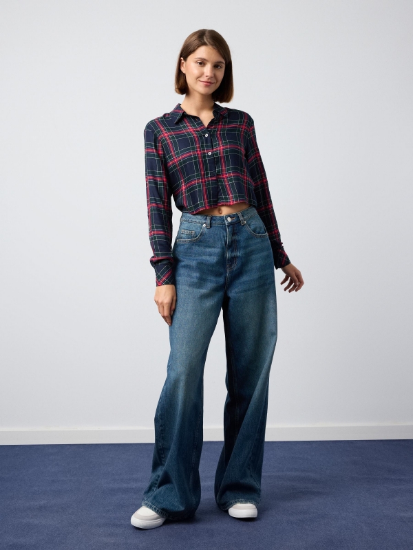 Plaid crop shirt navy front view