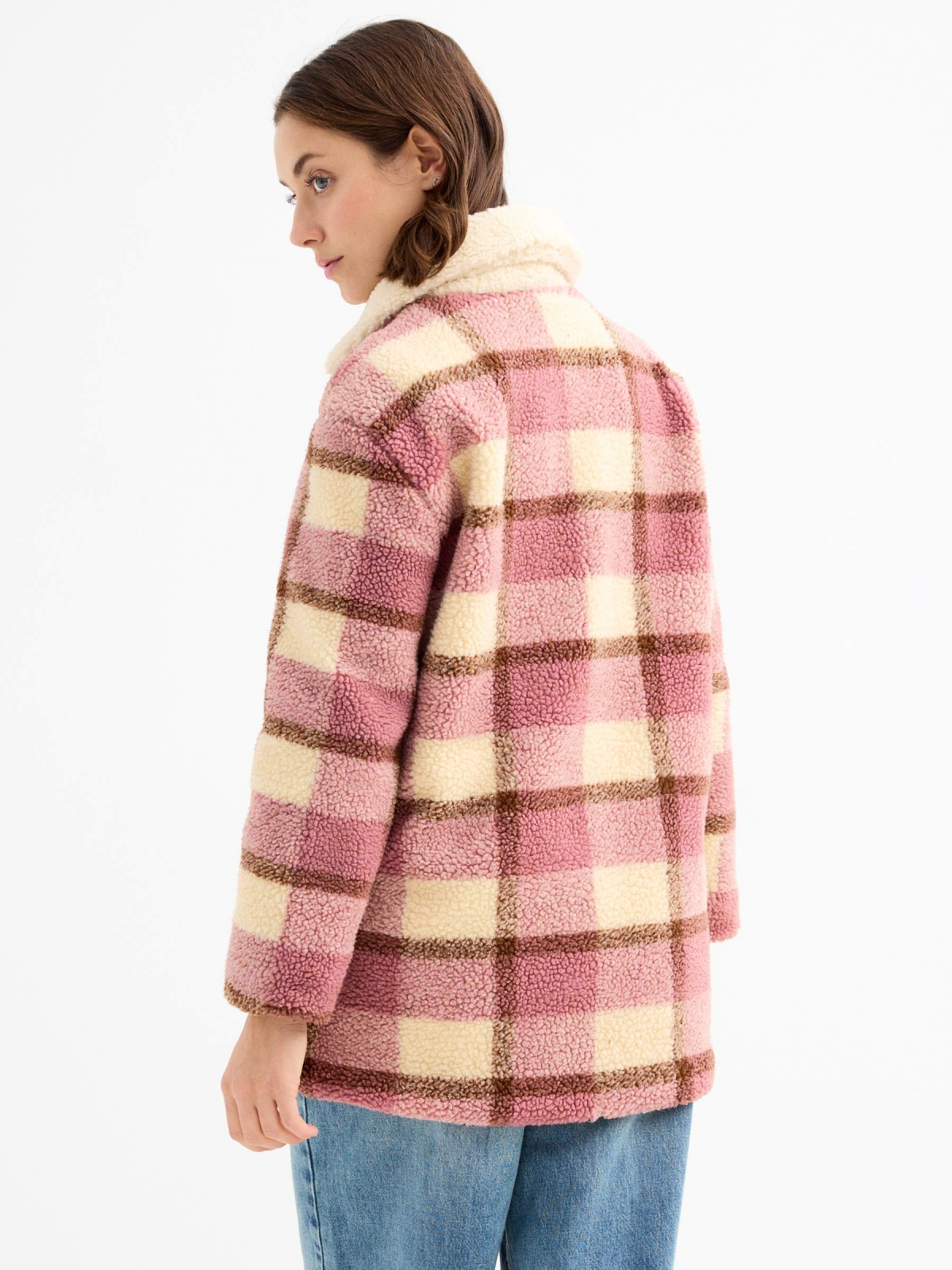 Checked print sheepskin jacket light pink middle back view