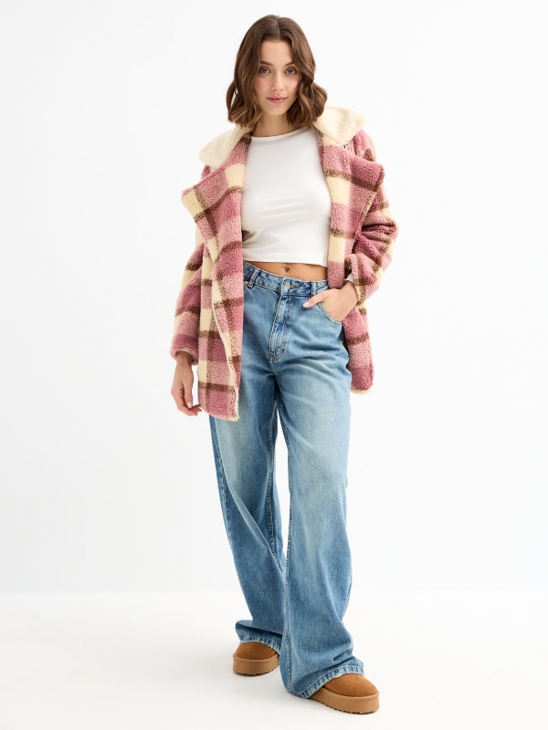 Checked print sheepskin jacket light pink general front view