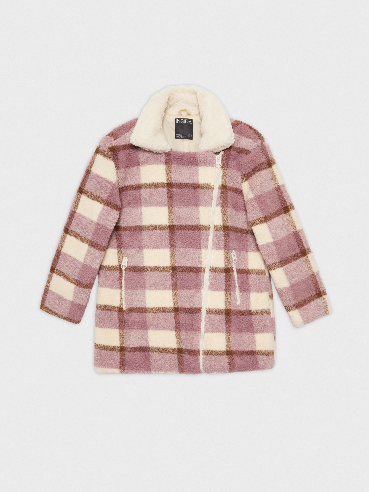  Checked print sheepskin jacket light pink front view