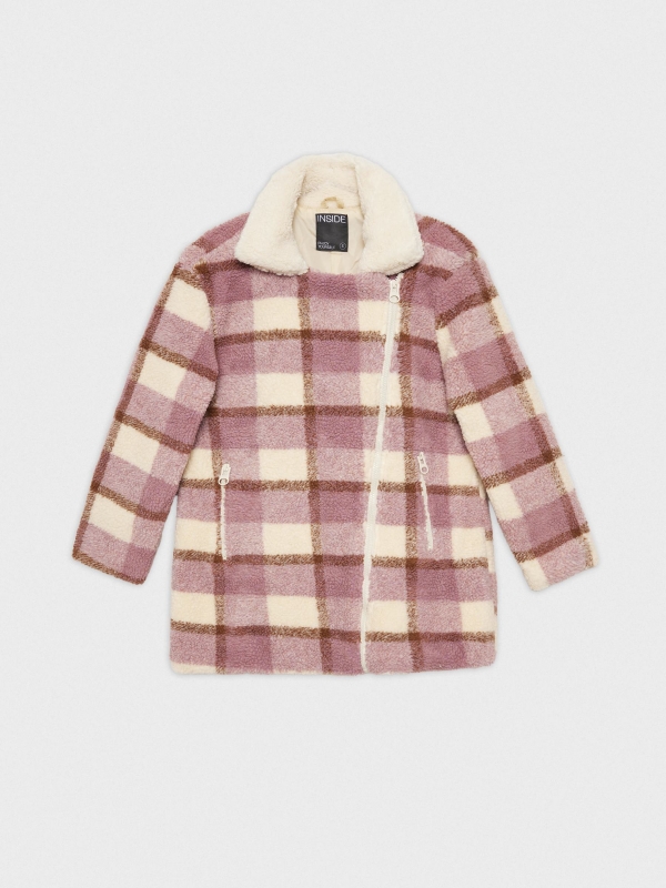  Checked print sheepskin jacket light pink front view