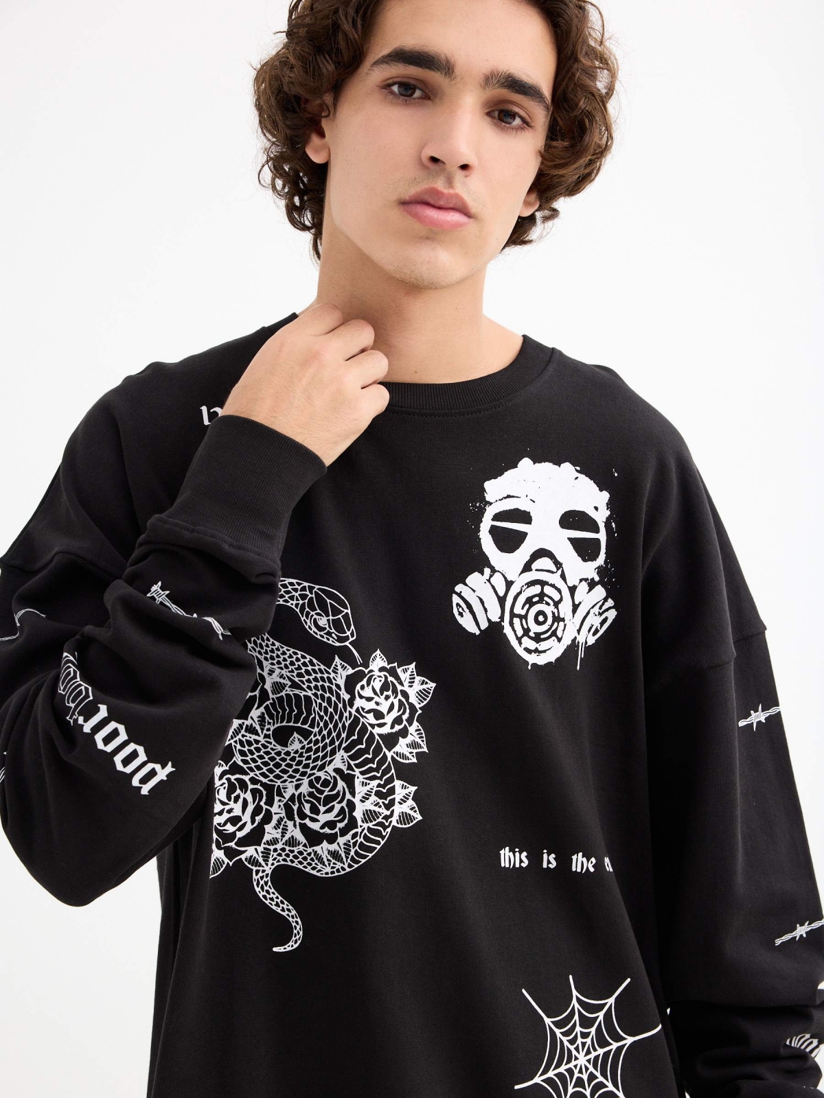 %New% Sudadera sin capucha con estampado negro