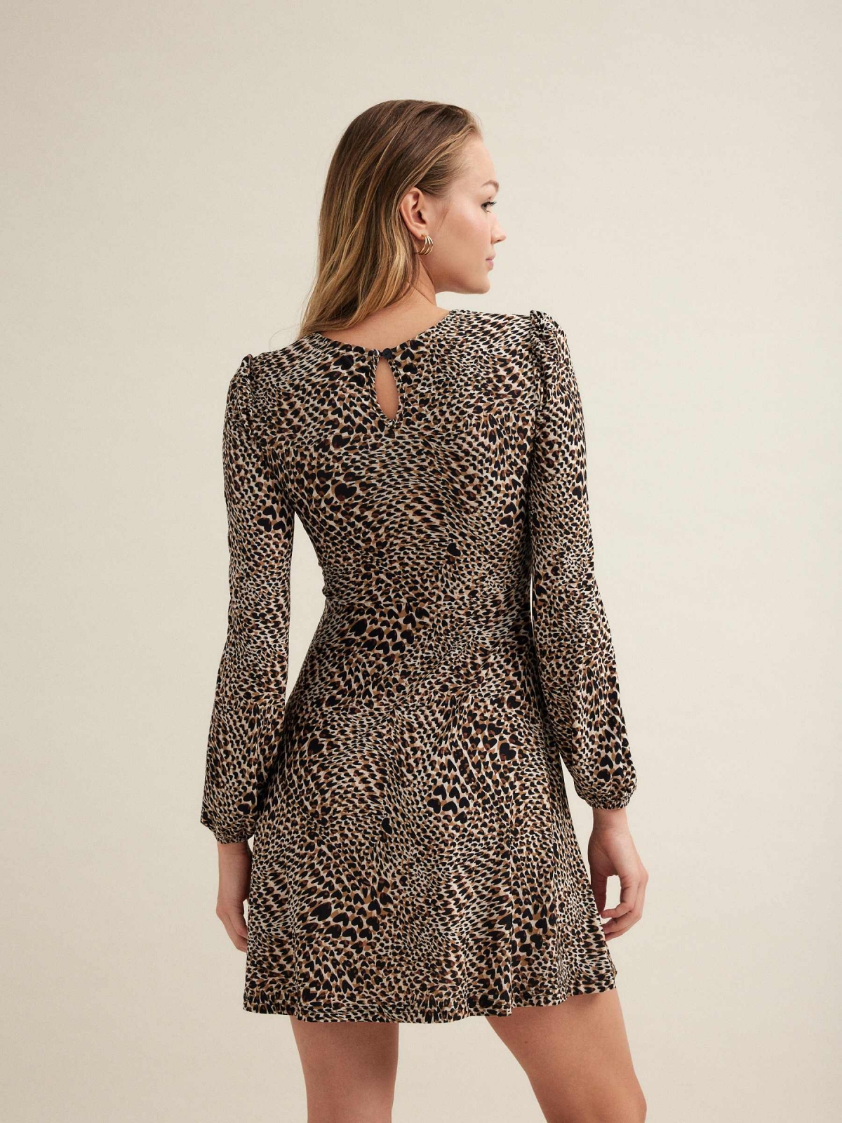 Flare animal print dress with cut out beige middle back view