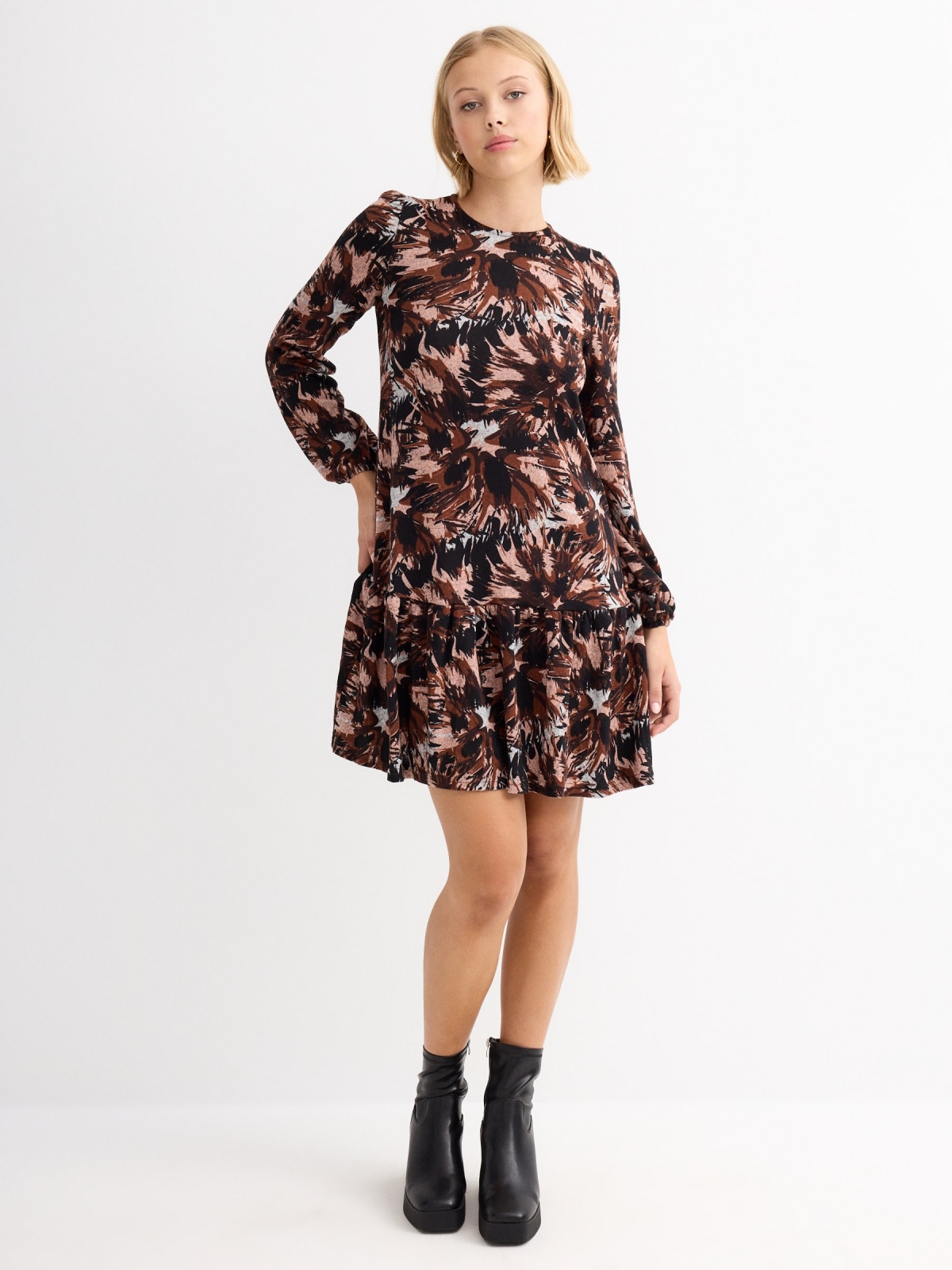 Total print mini dress with ruffle multicolor general front view