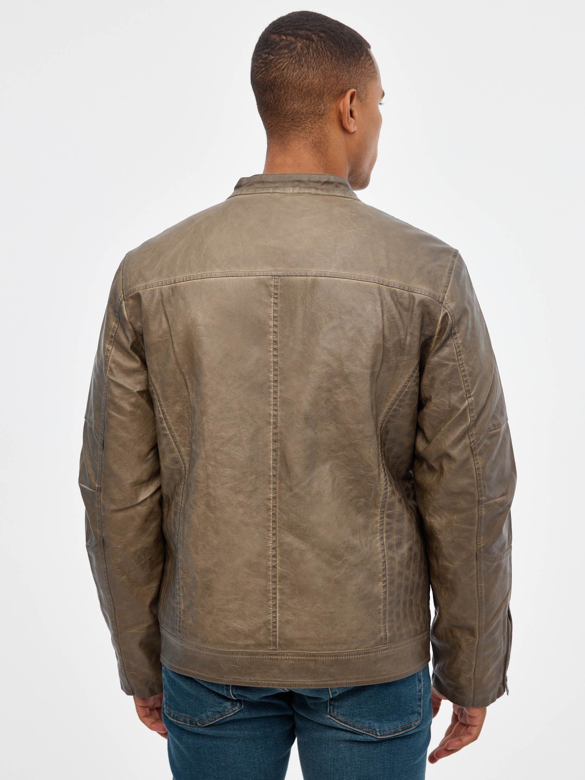 Leather effect jacket with zips brown middle back view