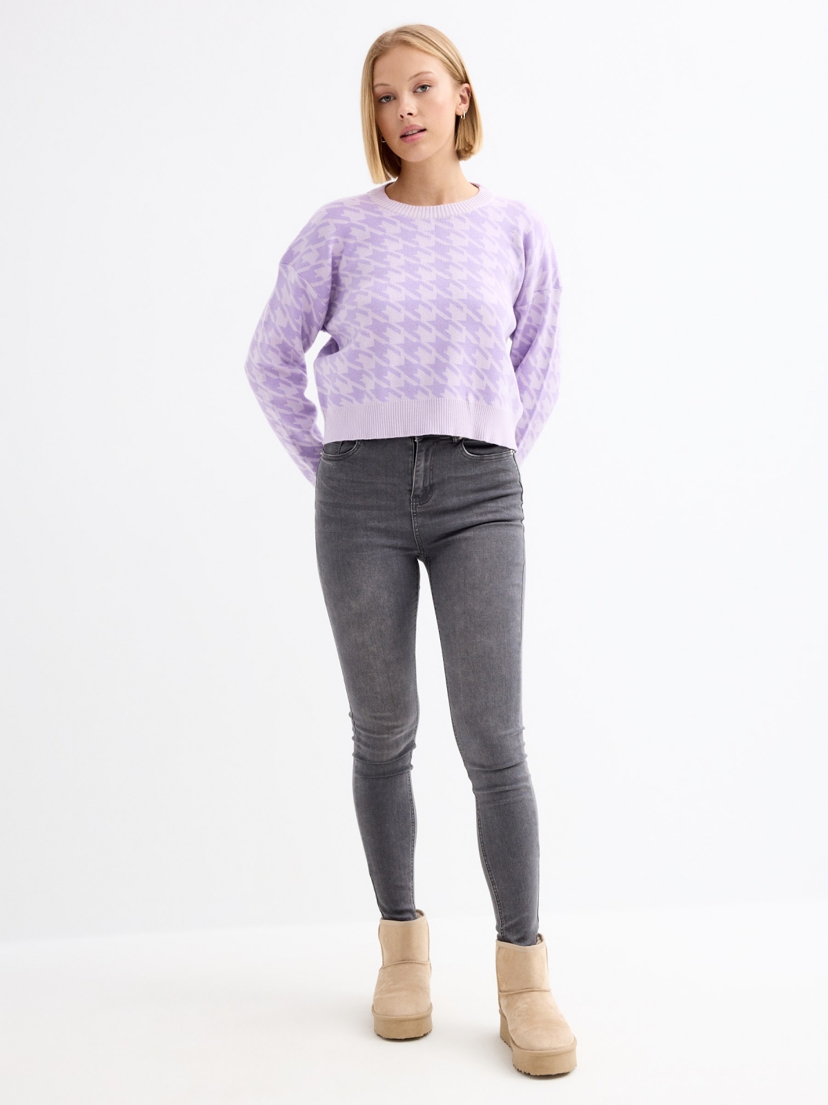 Houndstooth jacquard jumper mauve general front view