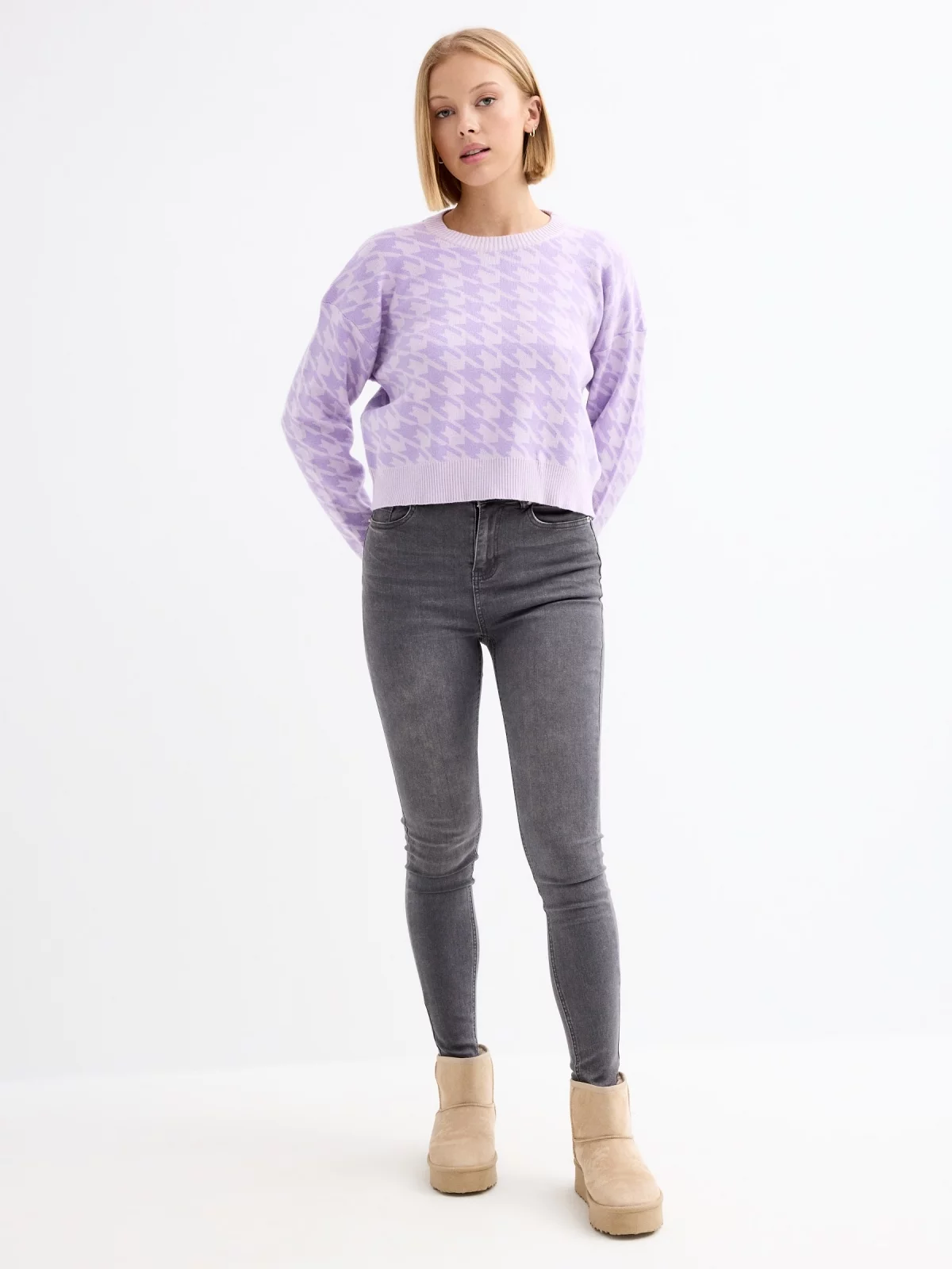 Jersey jacquard de pata gallo malva vista general frontal