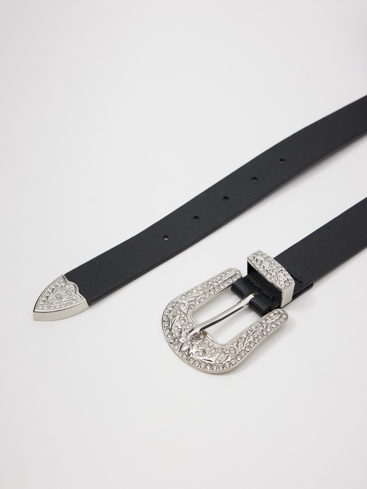 Rhinestone buckle leatherette belt black detail view