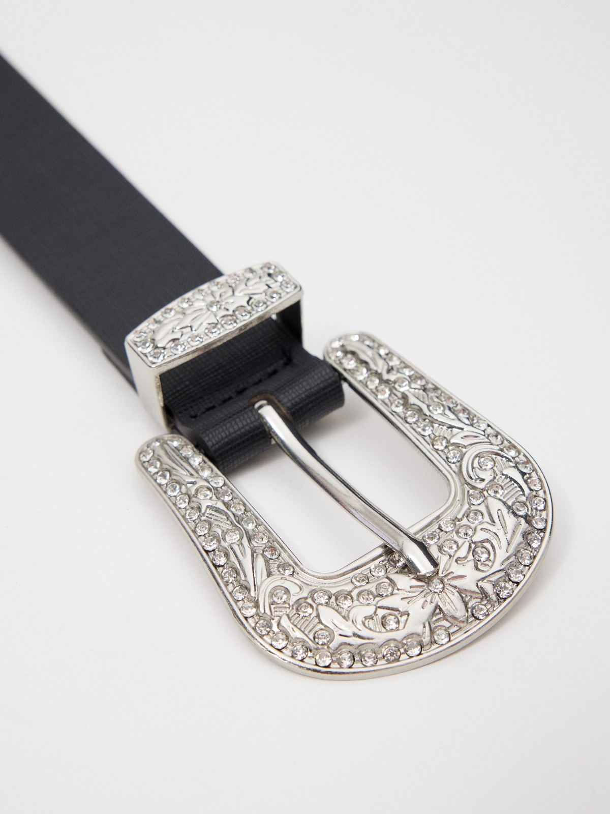 Rhinestone buckle leatherette belt black detail view