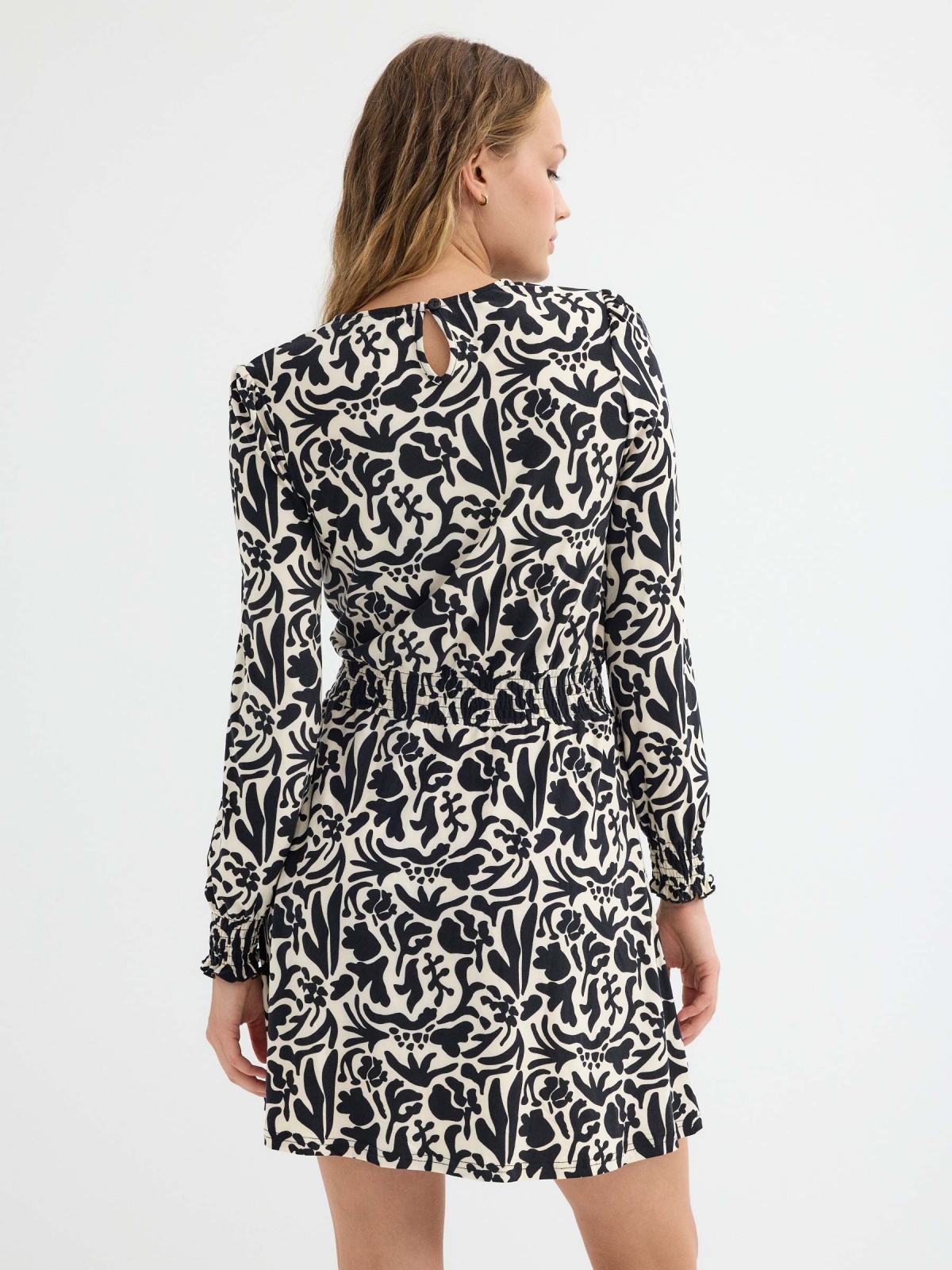 Mini flare dress printed with elastic bands black middle back view