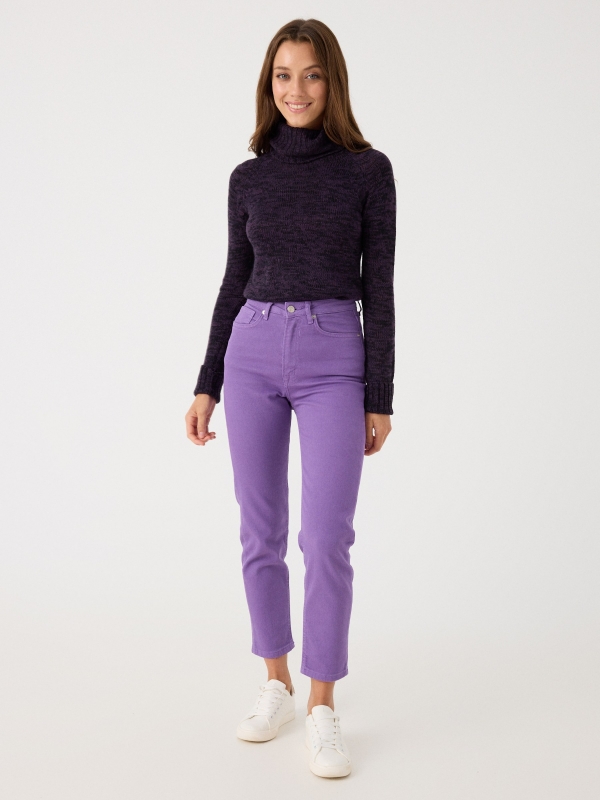 Fleece turtleneck sweater aubergine front view
