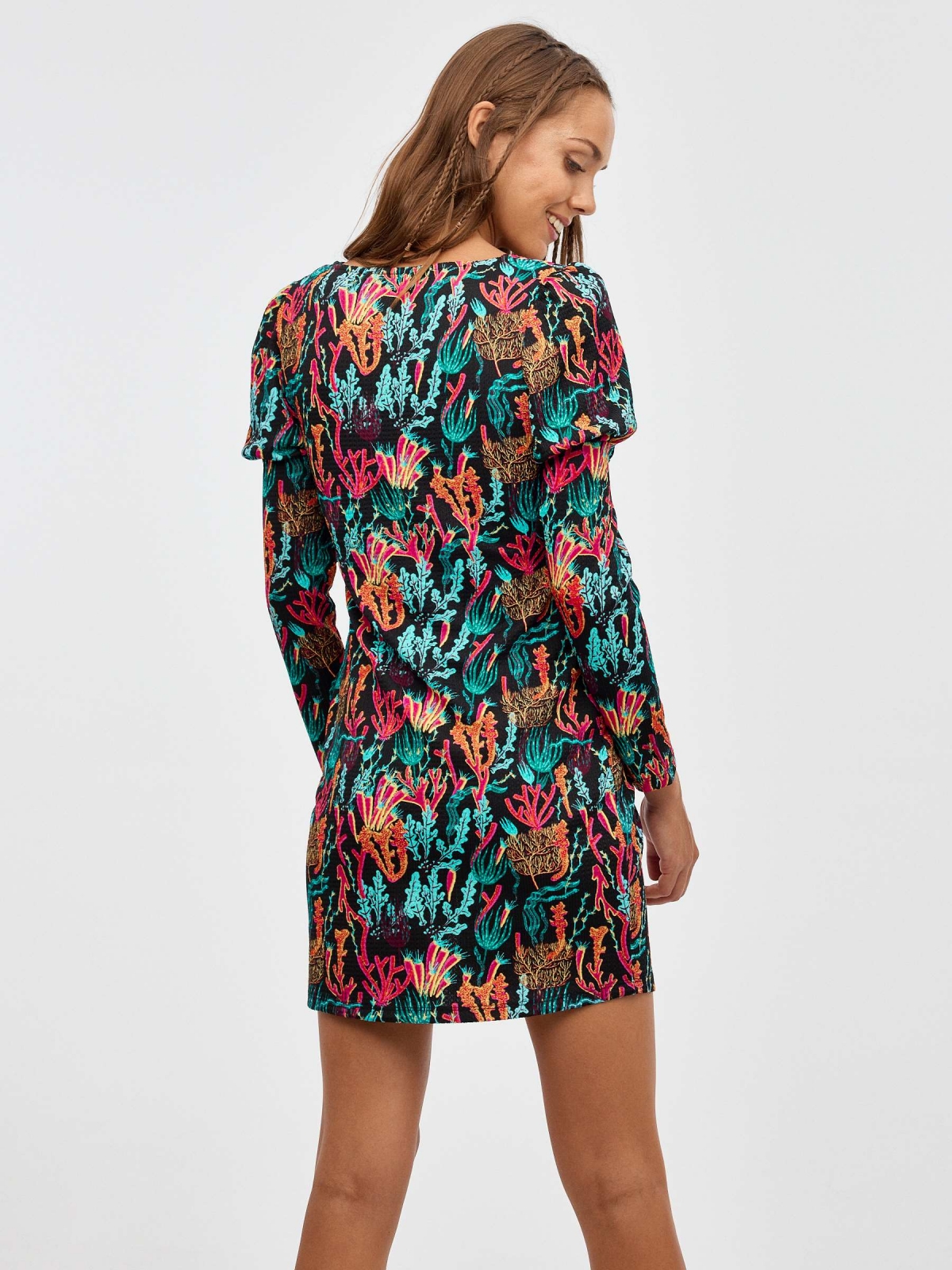 Coral multi print mini dress black middle back view