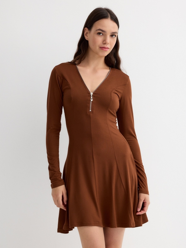 Mini dress with zipper neckline brown three-quarter front view