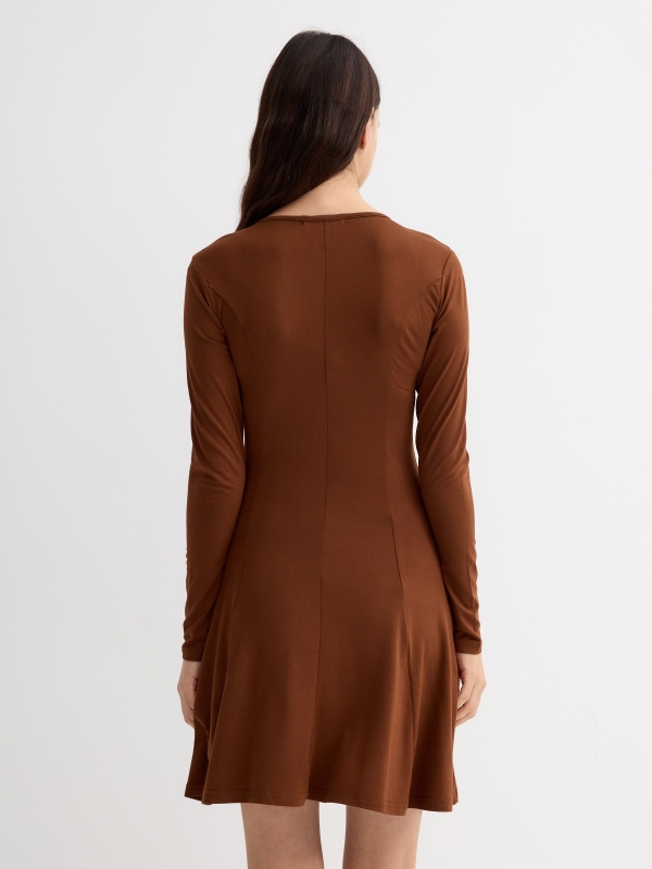 Mini dress with zipper neckline brown three-quarter back view