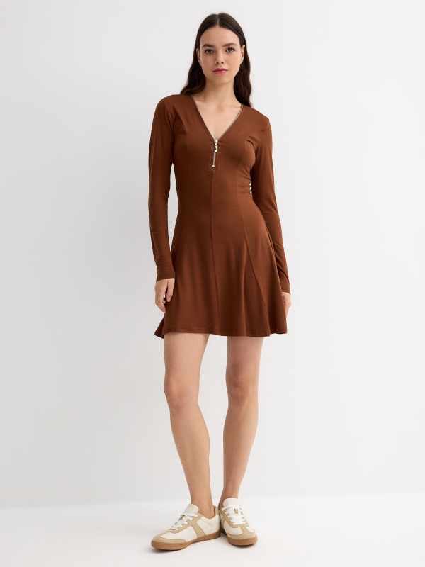 Mini dress with zipper neckline brown general front view