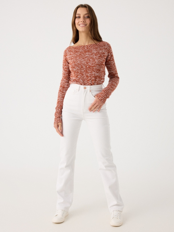 Camisola com gola de barco em mármore laranja vista geral frontal