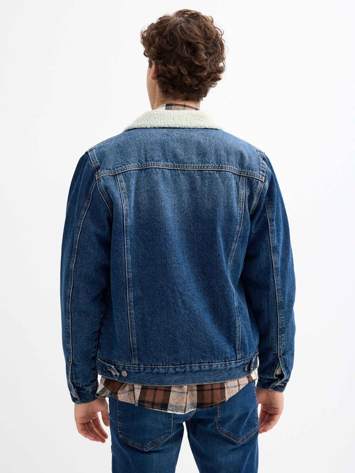 Denim sheepskin jacket blue middle back view