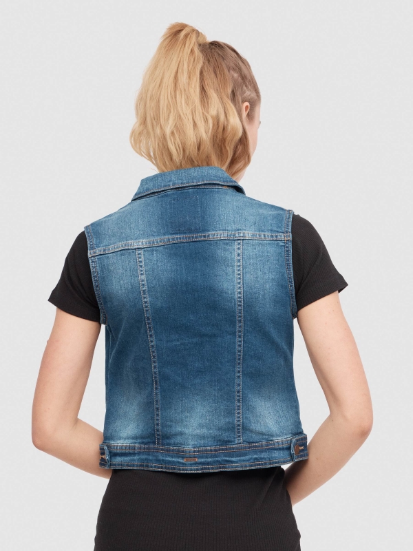 Washed denim vest blue middle back view