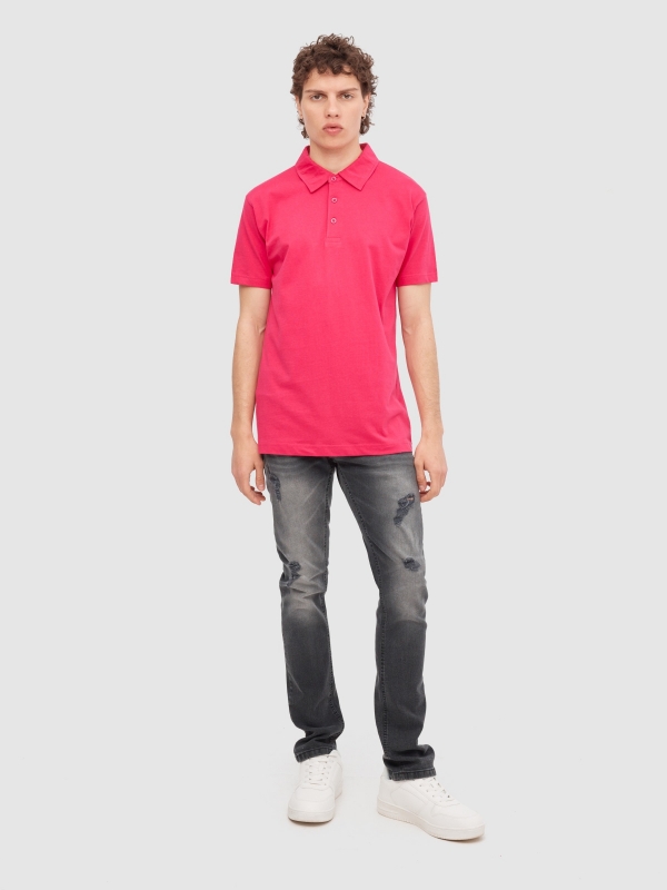 Polo básico manga corta fucsia vista general frontal