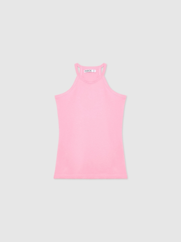  Camiseta básica cuello halter rosa claro