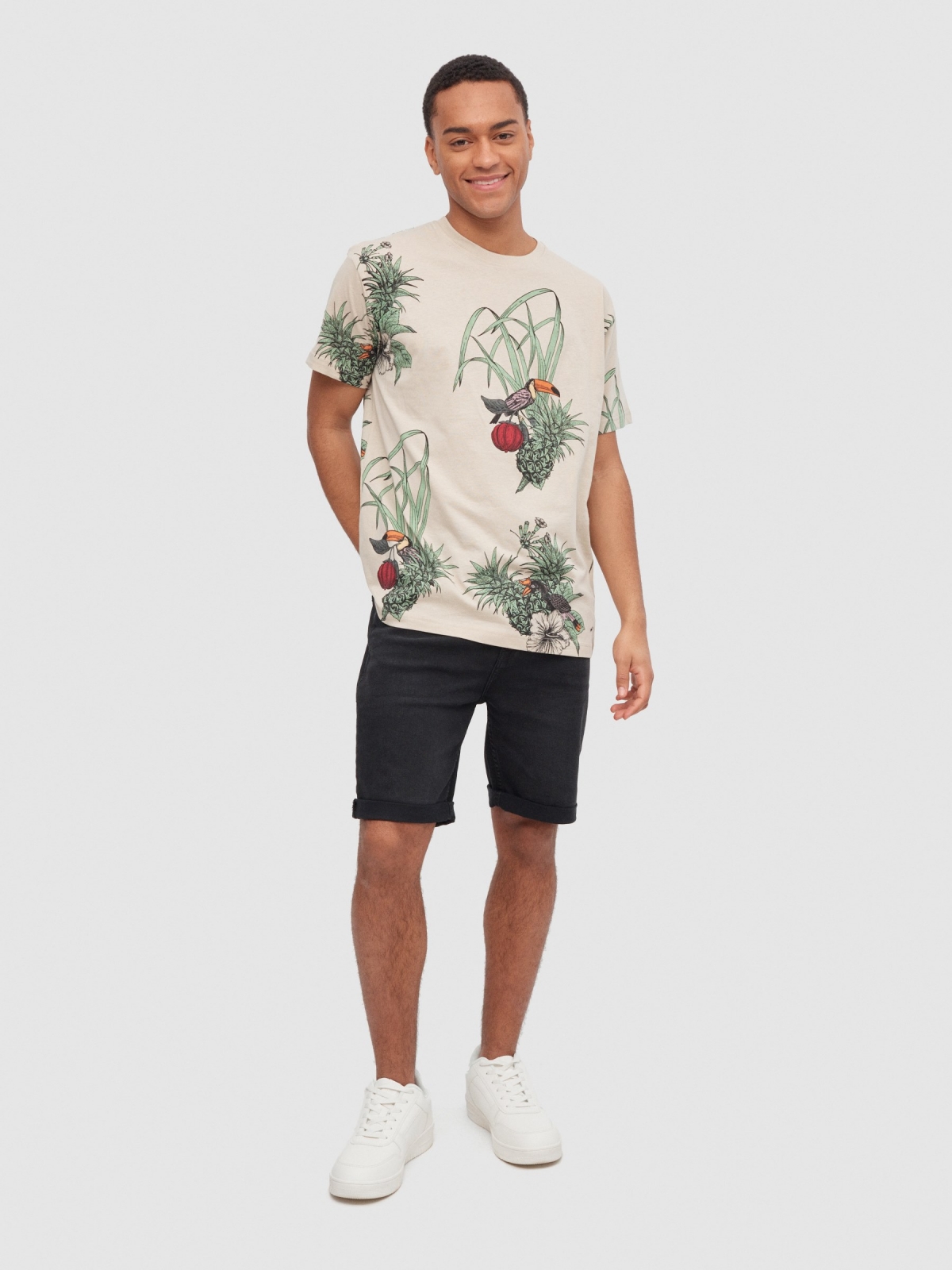 T-shirt tropical com ananás taupe vista geral frontal