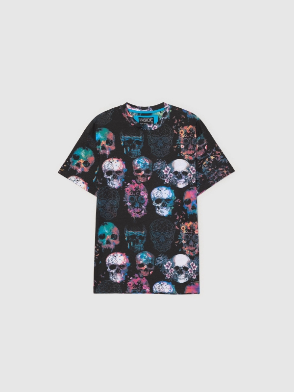  T-shirt multicolorida com caveira preto