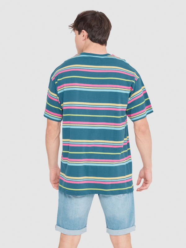 Oversize T-shirt with coloured stripes petrol blue middle back view