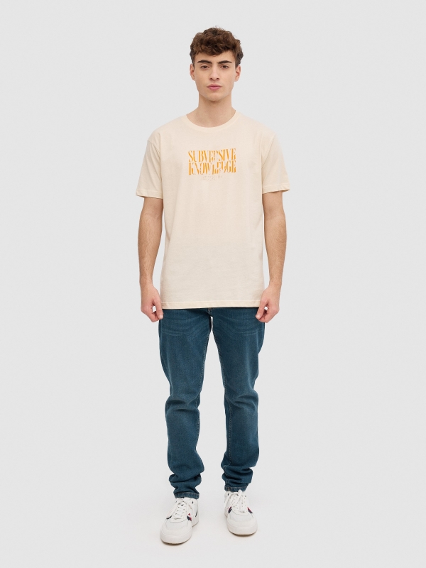 Minimalist text t-shirt sand front view