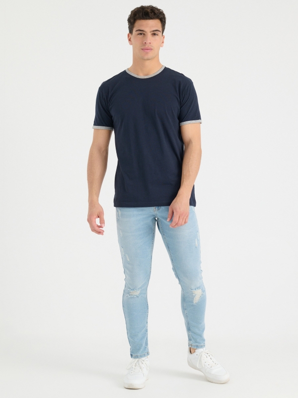 Basic T-shirt contrasts navy front view