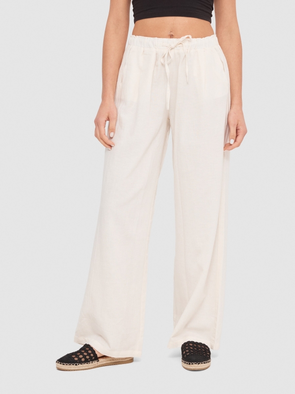 Wide-leg linen pants sand middle front view