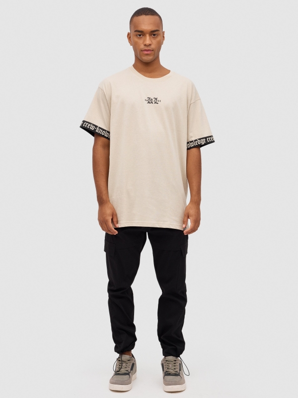 T-shirt with elastic cuffs taupe front view