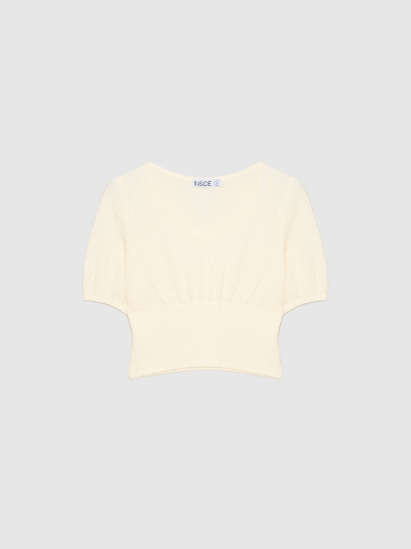  T-shirt com decote em V texturado off white