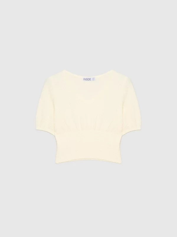 T-shirt com decote em V texturado off white vista detalhe