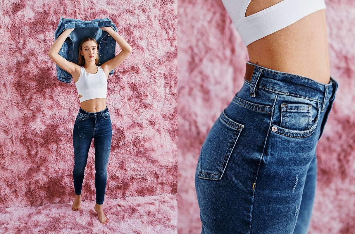 High-waisted skinny jeans with ripped dark blue general front view
