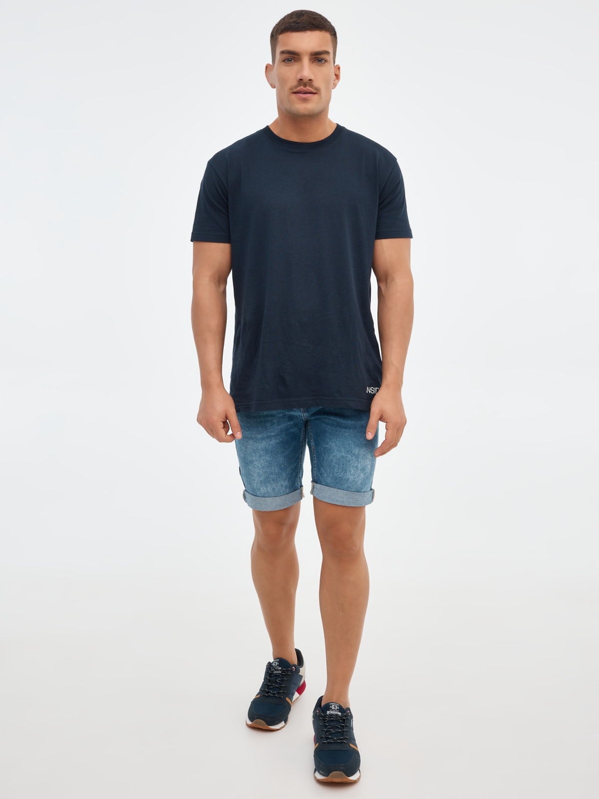 Distressed denim bermuda short blue front view