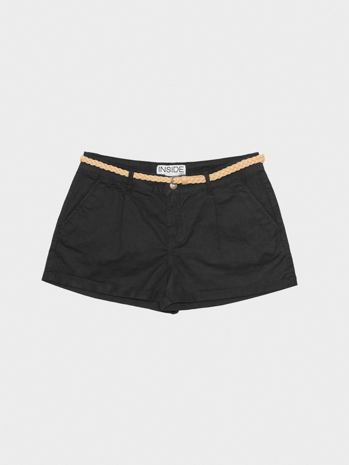 Shorts with darts and belt black front detail view