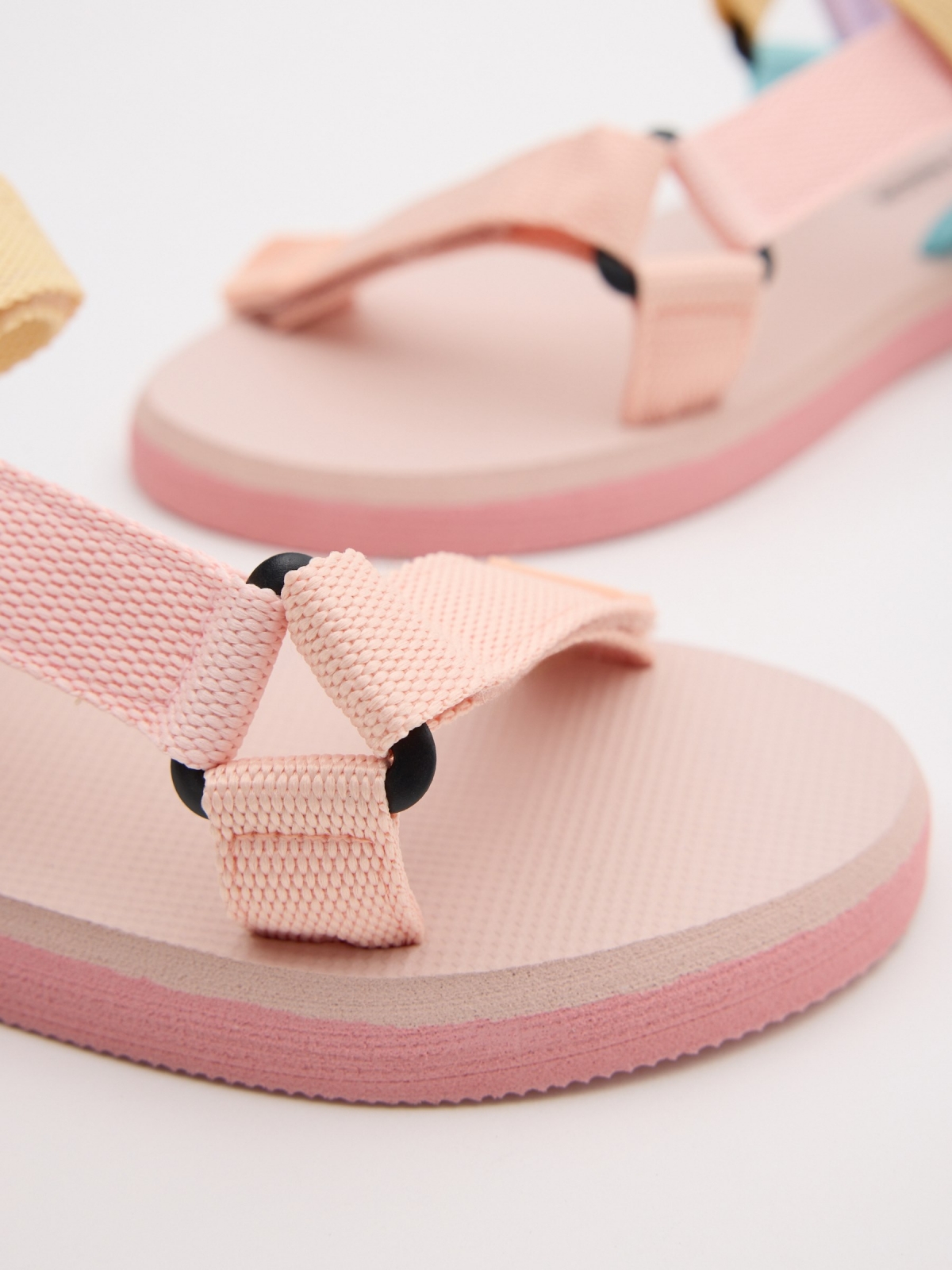 Velcro flip flops with pastel strips multicolor detail view