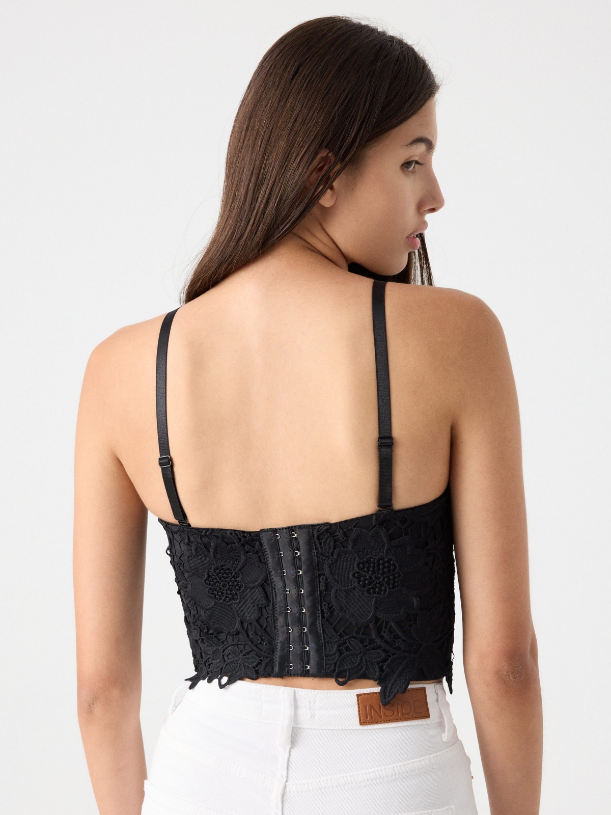 Bustier de renda floral preto vista meia traseira