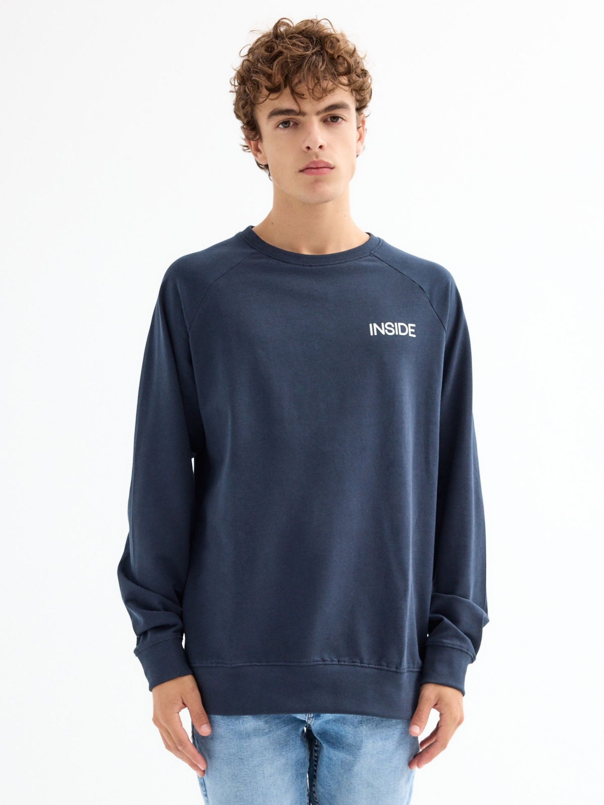 Basic sweatshirt with text blue middle front view