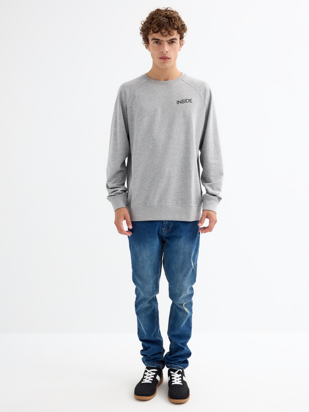 Basic sweatshirt with text melange grey front view