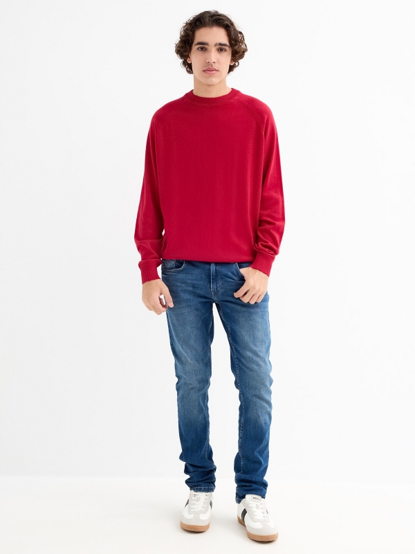 Plain sweater round neck red front view