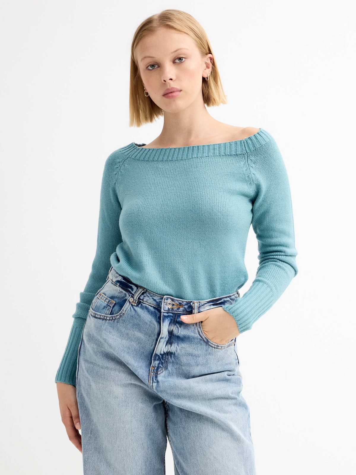 Marbled boat sweater turquoise middle front view Marbled boat sweater turquoise middle front view