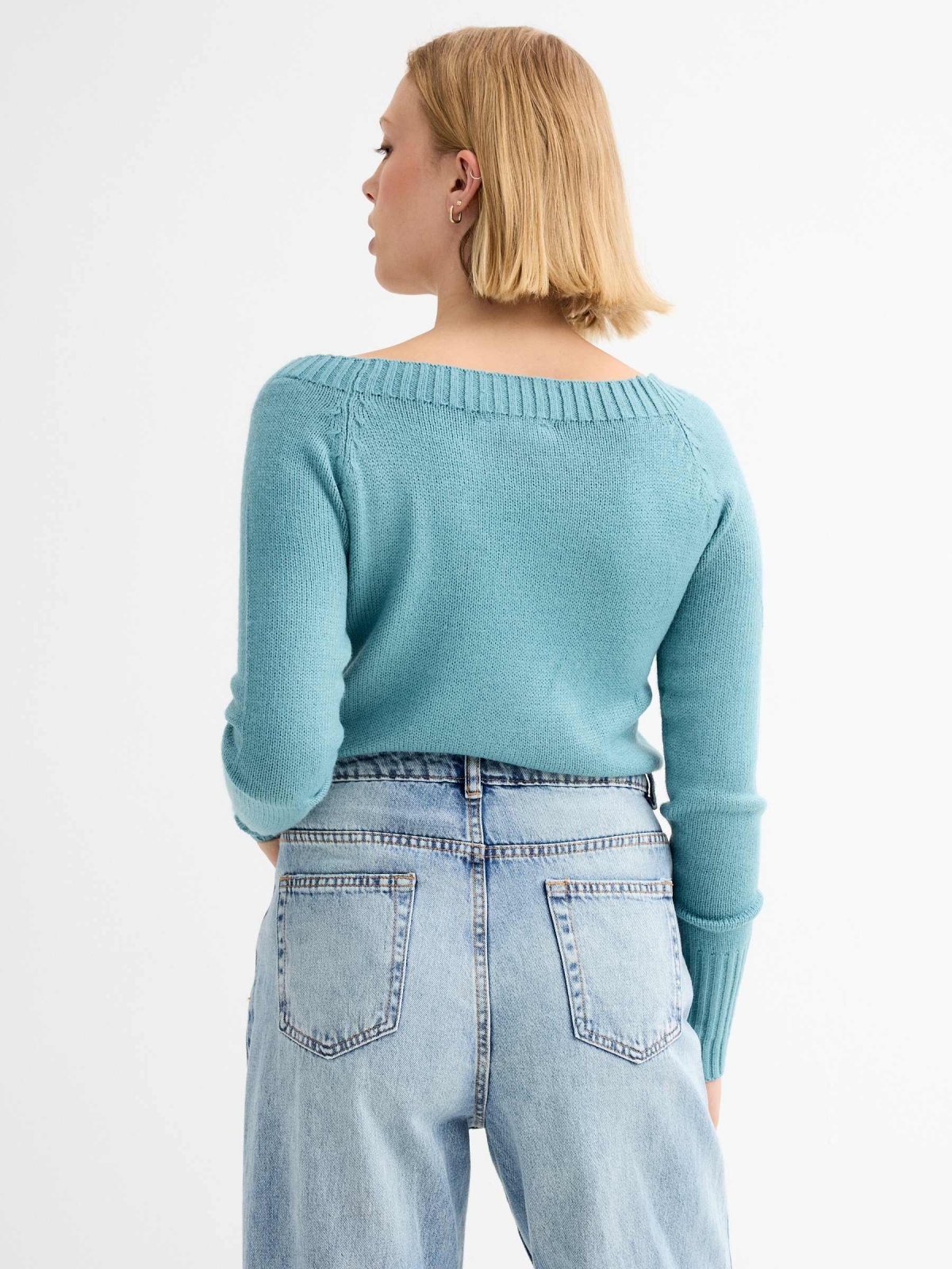 Marbled boat sweater turquoise middle back view Marbled boat sweater turquoise middle back view
