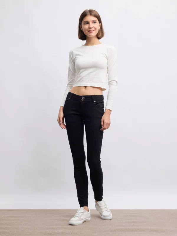 Thigh faint washed double button low-rise skinny jeans