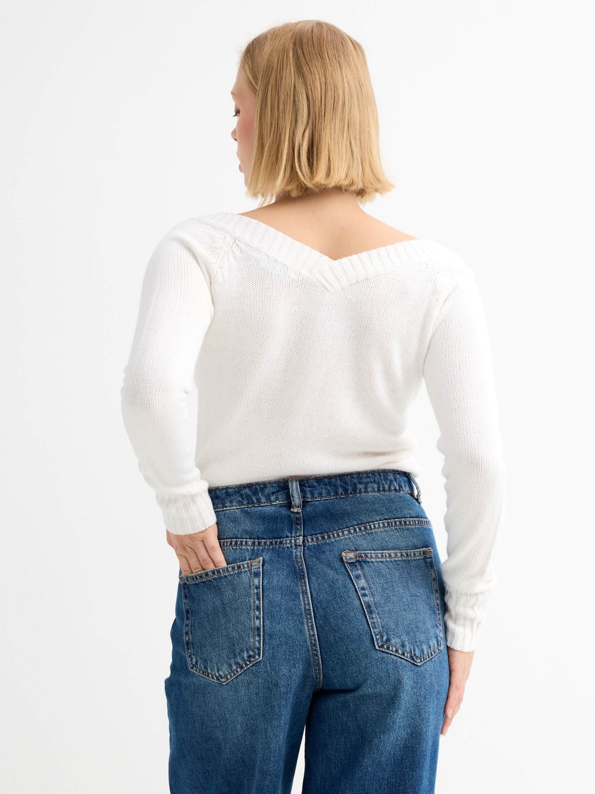 V-neck marbled sweater white middle back view