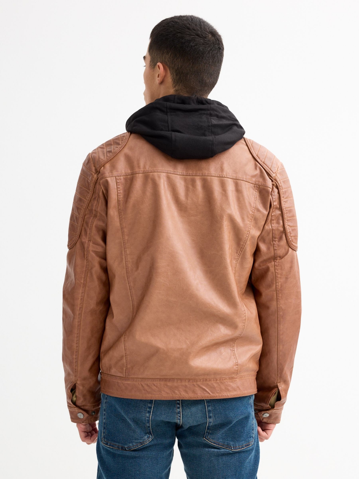 Brown leather effect jacket beige middle back view