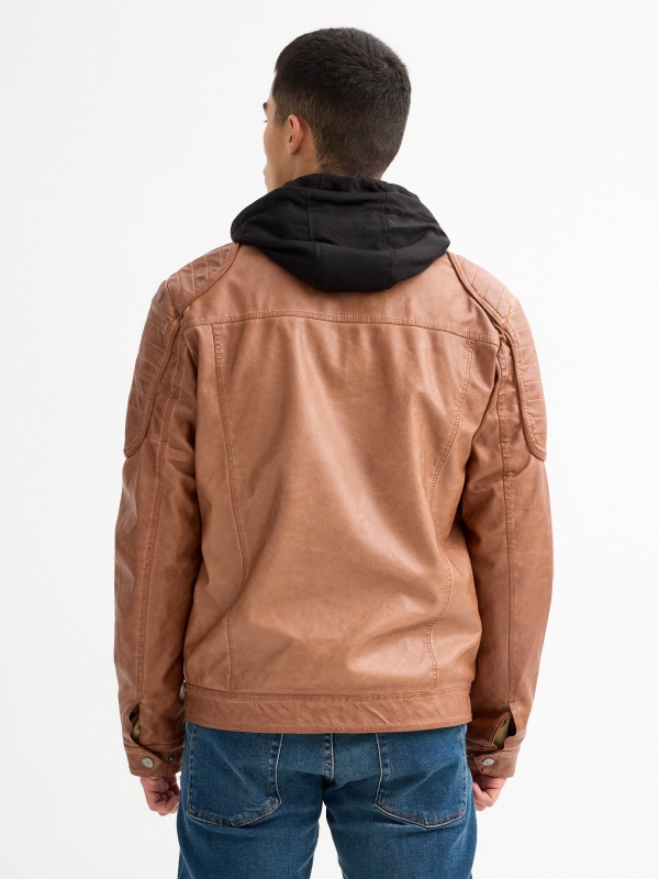 Brown leather effect jacket beige middle back view