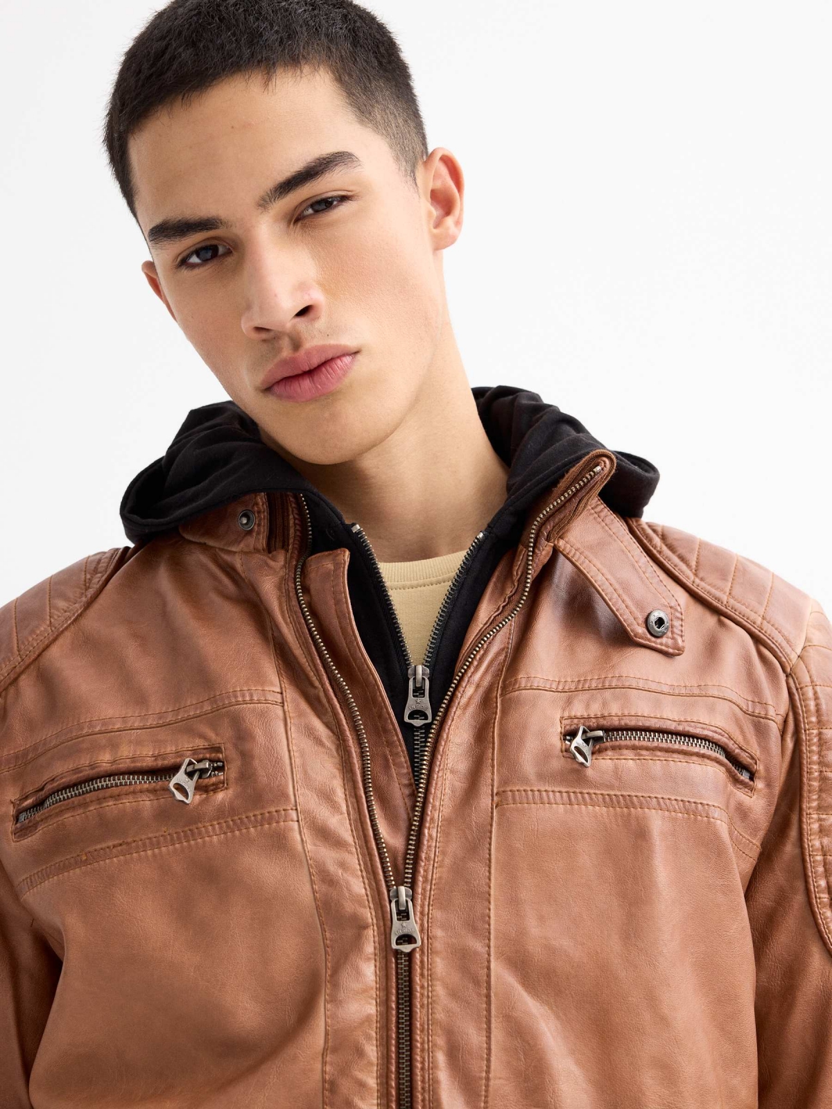 Brown leather effect jacket beige detail view