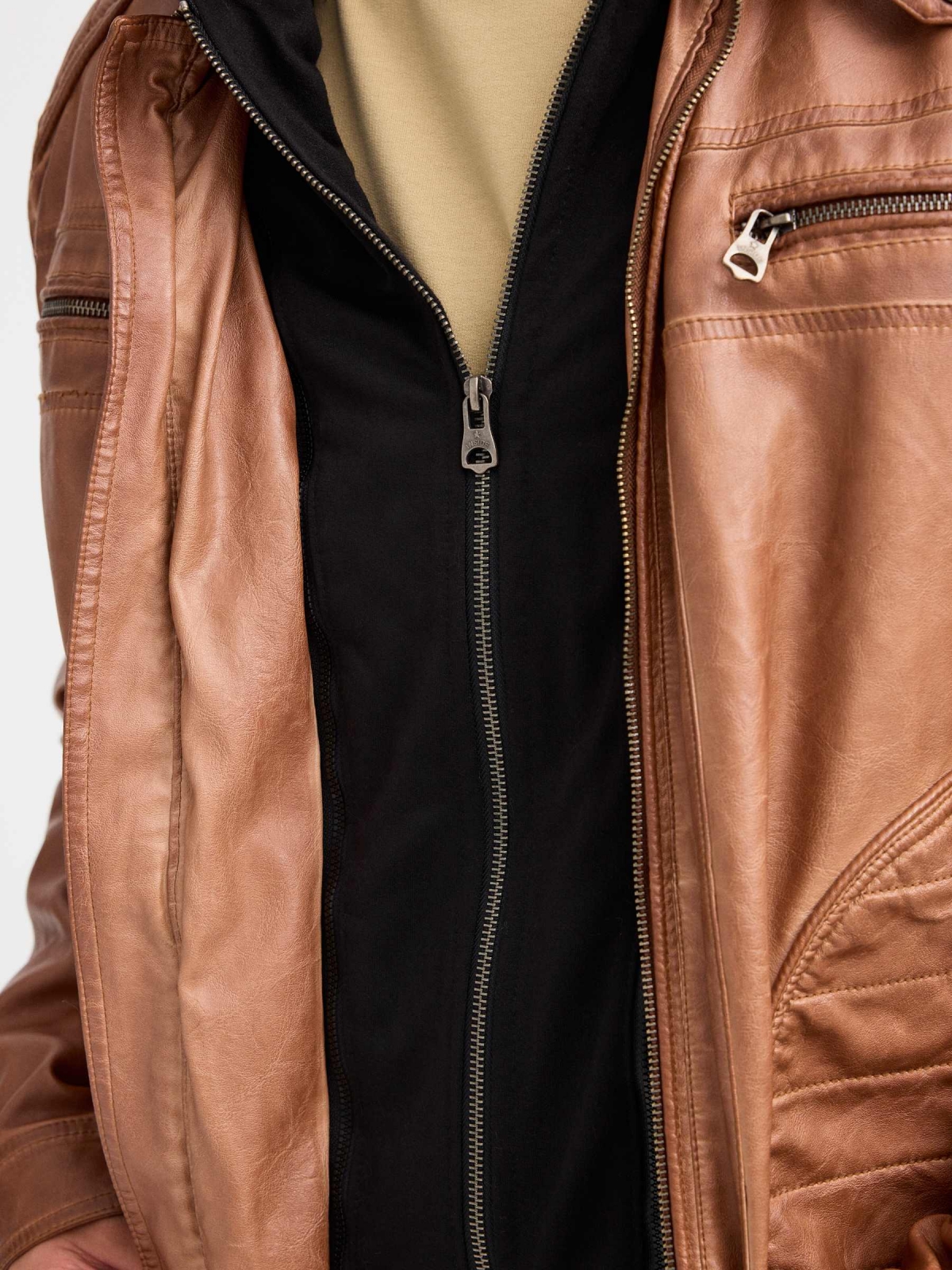 Brown leather effect jacket beige detail view